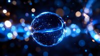 Glowing transparent sphere with sparkling particles floating against blurred blue bokeh lights background creating magical futuristic atmosphere for technology concepts.