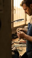 Skilled craftsman examining vintage pocket watch with magnifying glass in traditional workshop with warm lighting for repair and restoration work.