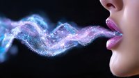 Sensual female lips with sparkly pink lipstick releasing magical cosmic smoke with stars and galaxy effects in blue and purple colors against dark background.