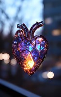 Glowing anatomical heart lamp with stained glass effect in purple and blue hues against blurred bokeh background creates magical atmospheric lighting.