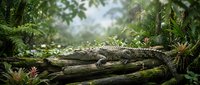 Large crocodile resting on fallen logs in lush tropical rainforest with ferns and dense green vegetation creating natural wildlife habitat scene.