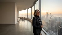 Professional businesswoman in elegant black suit standing by floor-to-ceiling windows overlooking Manhattan skyline at sunset from luxury office space.