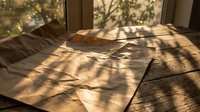 Warm sunlight streaming through window creates dramatic shadows on scattered papers and documents on wooden desk surface for office workspace concepts.