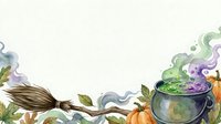 Witch's cauldron with magical potion, broomstick, pumpkins and mystical smoke swirls on white background. Perfect for Halloween designs, greeting cards and seasonal projects.