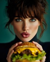 Woman with messy updo and bangs holding juicy cheeseburger against teal background, pouting lips in anticipation of first bite.