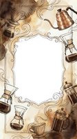 Vintage coffee brewing equipment frame with ornate swirls on watercolor background, featuring pour over dripper, french press and copper kettle with copy space.