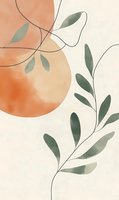 Abstract botanical art with watercolor foliage and organic line drawings on cream background. Minimalist design featuring muted green leaves and warm terracotta circle.
