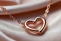 Rose gold heart pendant necklace on soft white silk fabric background with gentle folds creating romantic jewelry composition for Valentine's Day or anniversary gift.