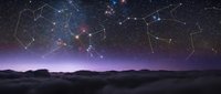 Night sky above clouds with glowing constellation lines and stars, deep purple cosmic atmosphere for astronomy, astrology, and science backgrounds.