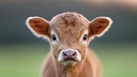 Young brown Jersey calf with big expressive eyes and fuzzy ears looking directly at camera against blurred green background, close-up portrait showing sweet facial expression.