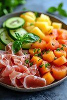Fresh summer salad bowl with prosciutto, cantaloupe melon, cucumber and basil garnish for healthy Mediterranean cuisine and gourmet dining.