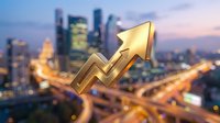 Golden arrow pointing upward over blurred city skyline at dusk representing business growth, financial success, and economic progress in urban environment.