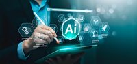 Businessman touching AI artificial intelligence holographic interface with technology icons on futuristic digital screen for automation and innovation.