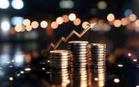 Growing stacks of coins with upward arrow showing financial growth and investment success against blurred bokeh lights background for business concepts.