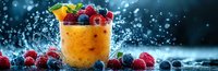 Fresh mango smoothie topped with mixed berries and mint leaves against dark background with water drops and splashes creating dynamic composition.