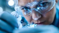 Young female scientist in protective eyewear examining microscope sample in research laboratory with dramatic blue lighting and bokeh effects creating futuristic atmosphere.