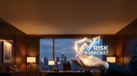 Risk Forecast hologram displayed in executive office with city skyline view. Hand holding glowing shield icon with upward arrow. Modern business analytics and financial planning concept.
