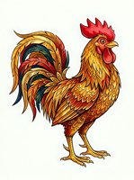 Colorful rooster with vibrant red comb and golden plumage isolated on white background, ready for design projects, clipart, and decorative applications.