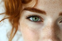 Close up view of bright green eye with long eyelashes and natural freckles on fair skin, red ginger hair visible in frame. Macro beauty photography.