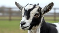 Young black and white goat kid with bright eyes looking at camera in farm pasture with wooden fence background for agriculture and livestock concepts.
