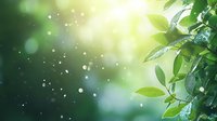 Fresh green leaves with morning dew drops in sunlight rays creating magical bokeh effect against blurred natural forest background. Suitable for wellness and nature designs.