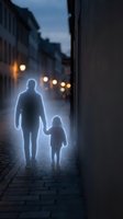 Glowing silhouettes of adult and child walking hand in hand down cobblestone street at dusk with warm streetlights creating atmospheric urban scene for family concepts.