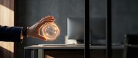 Hands holding glowing light bulb in modern office workspace, symbolizing innovation, creativity, and business ideas for corporate and entrepreneurial concepts.