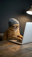 Orange tabby cat wearing glasses and knit beanie working on laptop computer in cozy home office setting with warm lighting for creative projects.