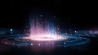 Glowing pink particles rising from circular light rings against dark background create magical atmosphere with sparkling bokeh effect and starry elements.