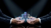 Two hands in business attire holding glowing digital app icons arranged in pyramid formation against dark background, representing mobile technology, software development, and business growth.