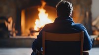 Silhouette of person in blue sweater sitting in wooden chair by warm glowing fireplace at home, creating cozy winter atmosphere for relaxation and comfort.