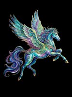 Ornate teal and purple pegasus with decorative swirling details, isolated on transparent background, ready for stickers, sublimation, t-shirt design, and print on demand.