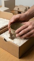 Hands carefully packing handmade ceramic bowl in protective foam inside cardboard box for safe shipping and delivery of fragile pottery items.