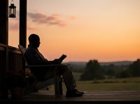 Silhouetted male professional working on laptop while seated on porch during golden hour sunset, rural landscape background, remote work and freelance business concept.