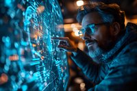 Mature bearded Caucasian male scientist in glasses analyzing digital data visualization on futuristic transparent display in dark room with blue technological lighting.