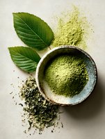 Green matcha powder in rustic ceramic bowl with fresh tea leaves and dried tea scattered on beige background, ideal for healthy beverage marketing.