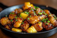 Glazed chicken pieces with pineapple chunks in Asian sweet and sour sauce garnished with fresh chopped green onions served in black plate, close up food photography.