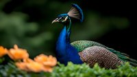 Majestic peacock with vibrant blue and green plumage displays against blurred orange flowers and dark green foliage background, showcasing natural beauty and grace.
