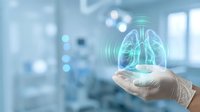 Medical professional holding holographic lung projection in modern healthcare facility showcasing respiratory system technology and digital medicine innovation.