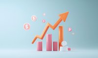 Growing financial chart with orange arrow trending upward and pink bar graph elements on soft blue background, coins floating, minimal business concept.