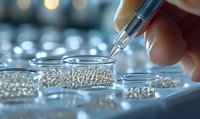 Laboratory research with micropipette dropping liquid into well plate containing metallic silver balls, macro view with soft bokeh background in blue tones.