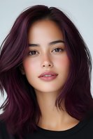 Young Asian woman with burgundy purple hair and natural makeup looking directly at camera with confident expression against light gray background.