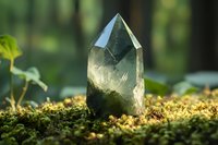 Natural smoky quartz crystal point standing on green moss in forest environment with soft bokeh background and mystical atmosphere.