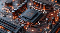 Close-up view of computer motherboard with orange glowing lights illuminating electronic components, circuit paths and processor chip in dramatic lighting.