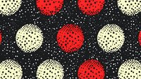 Seamless polka dot pattern with red and cream circles on black starry background. Scattered dots create retro cosmic design. Repeating geometric motif for fabric and decor.