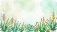 Watercolor aloe vera and succulent plants border with soft green background, blooming flowers, copy space for text or design.