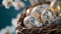 Decorative Easter eggs with golden floral pattern in woven basket against dark teal background. Elegant holiday composition with white eggs and metallic ornaments.