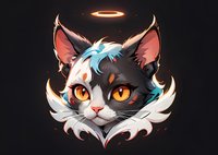 Angelic black and white cat with glowing orange eyes and ethereal blue accents, featuring decorative wing-like elements and golden halo, perfect for fantasy art projects and gaming designs.
