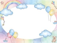 Pastel rainbow frame with clouds, balloons, kites and teddy bear on white background for baby shower, birthday party or nursery decoration.