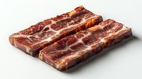 Raw beef short ribs with marbling pattern on white background, fresh meat cuts showing rich texture and natural fat distribution for cooking and grilling.